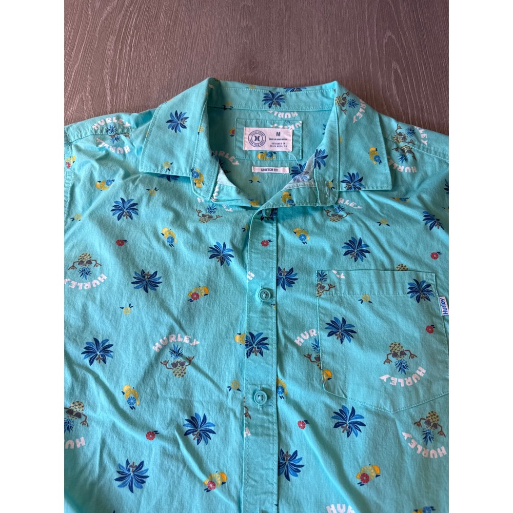 Hurley Mens Stretch Fit Short Sleeve Button Down Shirt Teal Pineapple Palm M